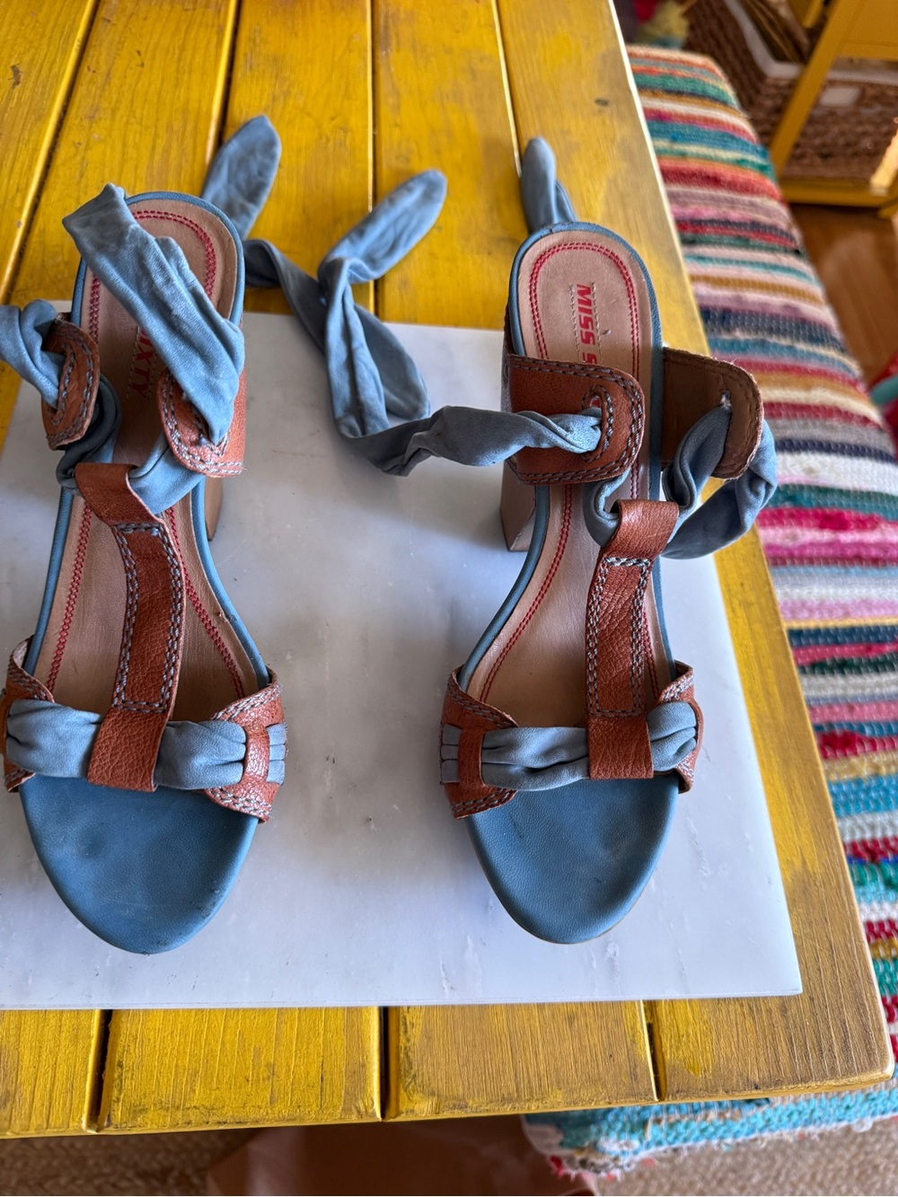 Miss Sixty Blue & Cognac Leather Wrap Tie Sandals Block Heel Size
